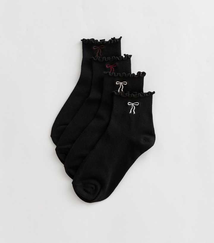 Pack of 4 Black Cotton Rich Bow Embroidered Frill Trim Ankle Socks