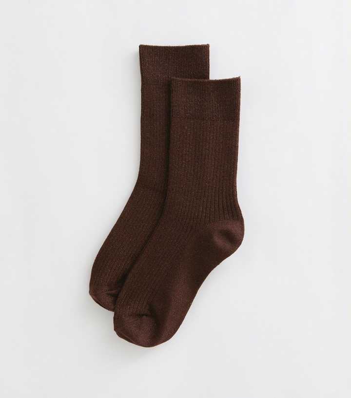 Dark Brown Cotton Rich Glitter Ribbed Ankle Socks