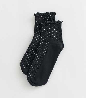 Black Cotton Rich Gem Embellished Ribbed Frill Trim Ankle Socks