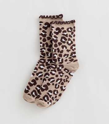 Brown Leopard Print Frill Top Ankle Socks