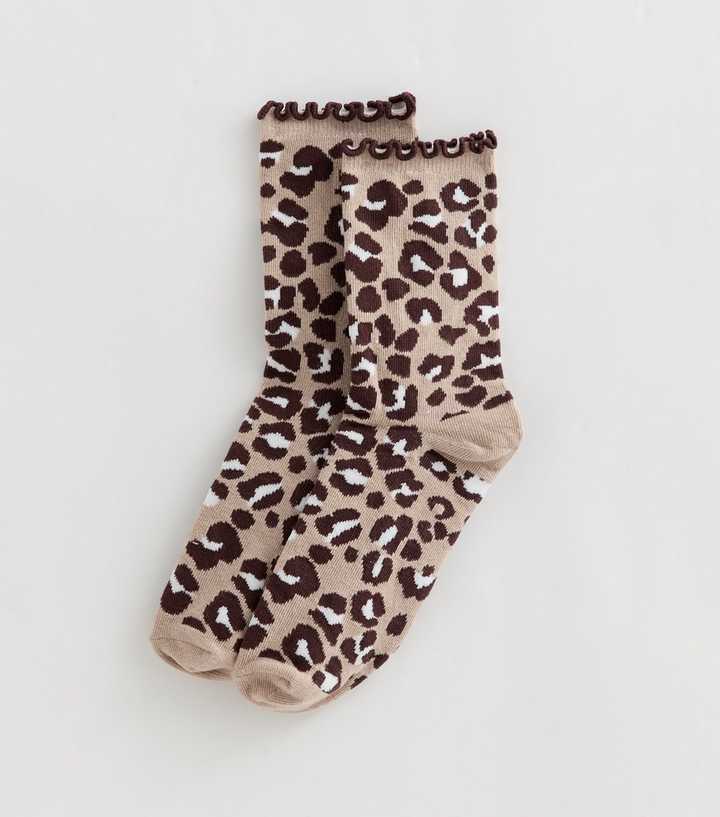 Brown Leopard Print Frill Top Ankle Socks