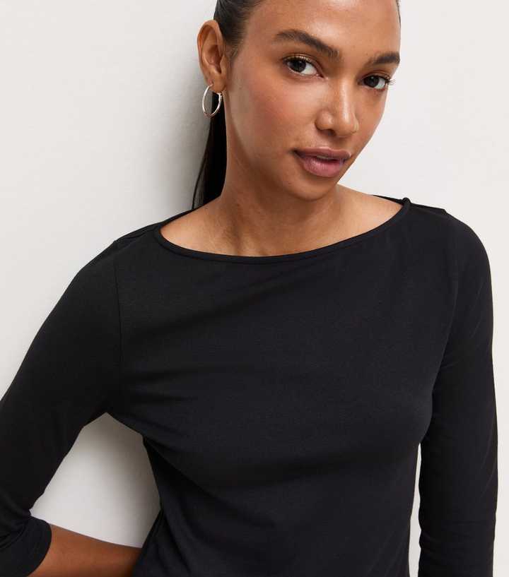 Black Cotton Rich Cropped Sleeve Slash Neck Top