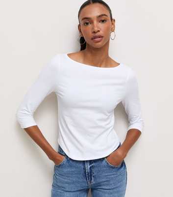 White Cotton Rich Cropped Sleeve Slash Neck Top