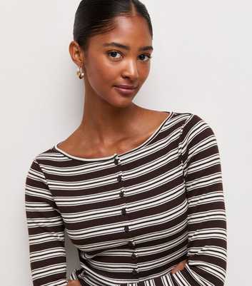 Brown Cotton Rich Striped Long Sleeve Button Front Ribbed Top