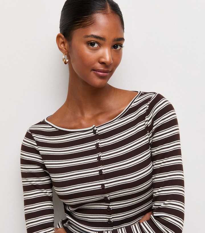 Brown Cotton Rich Striped Long Sleeve Button Front Ribbed Top