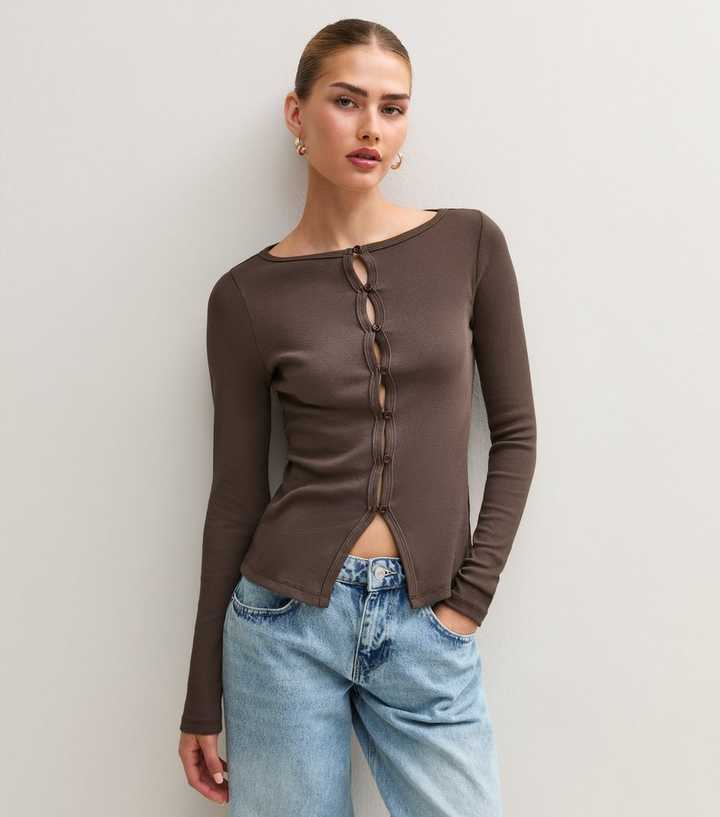 Dark Brown Cotton Rich Button Through Long Sleeve Top