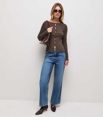 Dark Brown Cotton Rich Button Through Long Sleeve Top