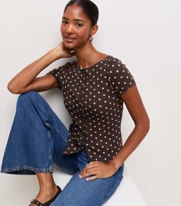 Brown Cotton Rich Spot Print Button Front Top