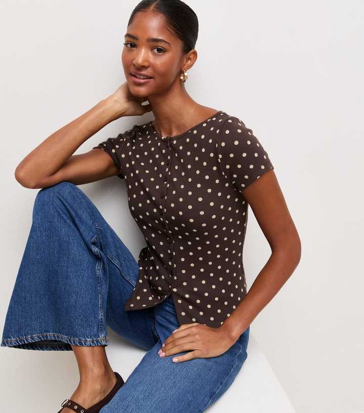 Brown Cotton Rich Spot Print Button Front Baby Tee Top