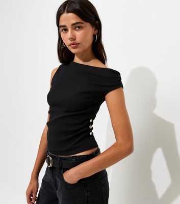Black Off the Shoulder Side Button Tank Top