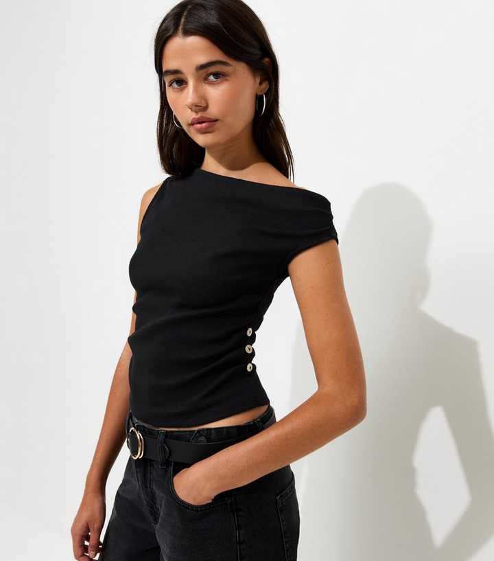 Black Off the Shoulder Side Button Tank Top