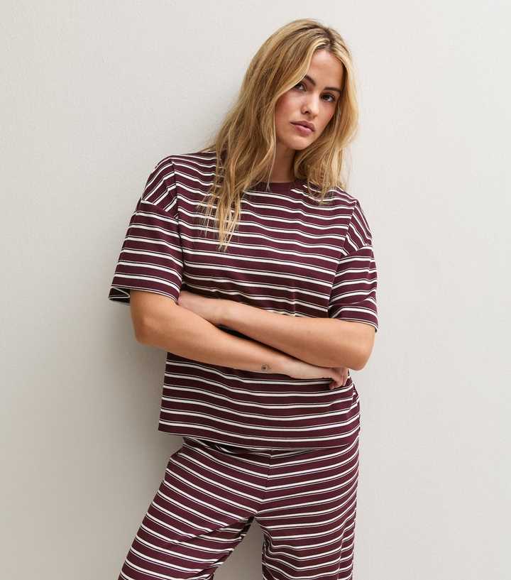 Dark Burgundy Cotton Rich Striped Boxy T-Shirt