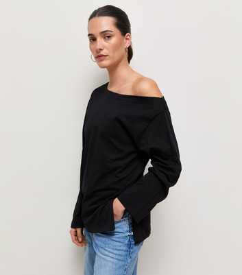 Black Cotton Long Sleeve Off The Shoulder Top