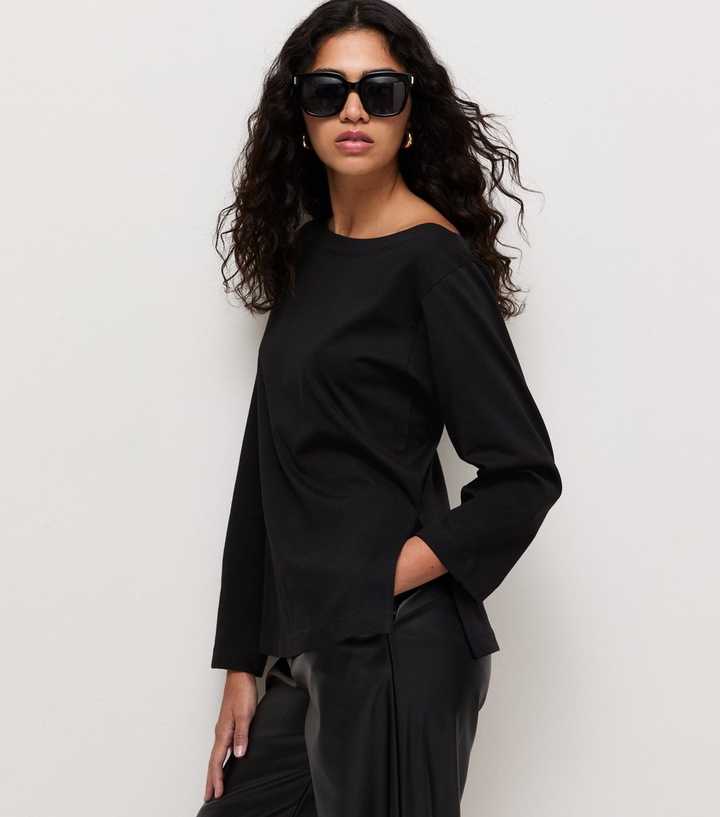Black Cotton Long Sleeve Off The Shoulder Top