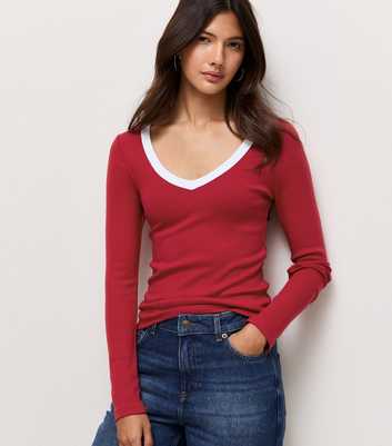 Red Cotton Rich Contrast Trim Rib V Neck Long Sleeve Top
