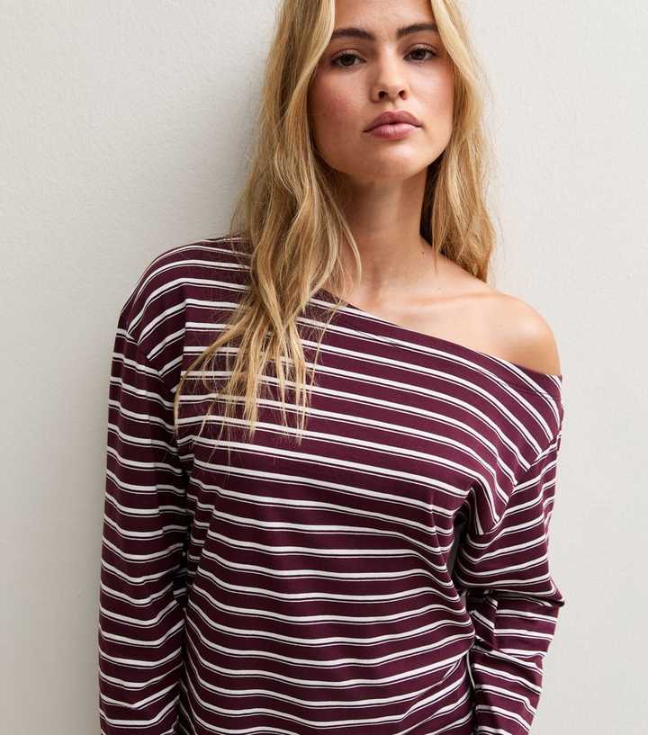 Cotton Burgundy Striped Off the Shoulder Top