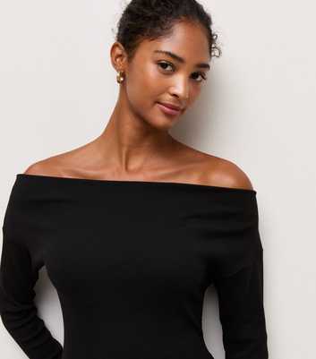 Black Cotton Rich Long Sleeve Ribbed Bardot Top