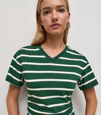 Green Cotton Striped V Neck Corset Waist T-Shirt