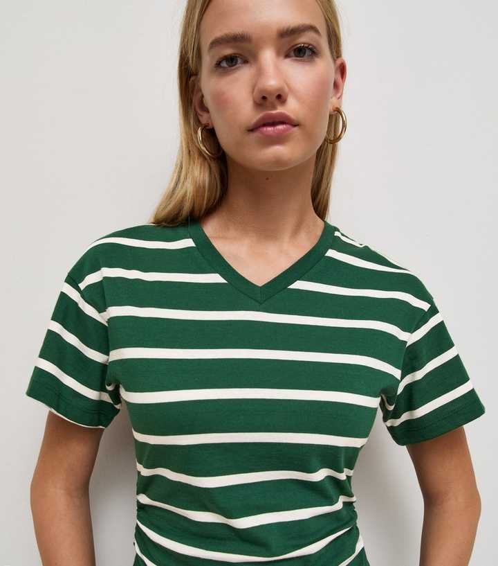 Green Cotton Striped V Neck Corset Waist T-Shirt