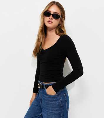 Black Cotton Rich Sweetheart Neck Long Sleeve T-Shirt