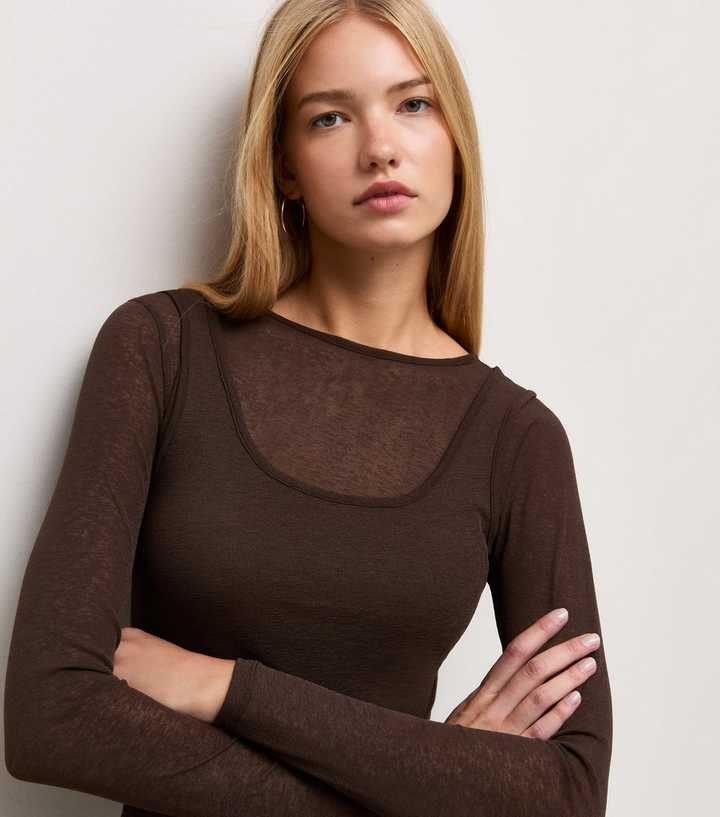 Dark Brown Sheer Layered Tank Long Sleeve Top