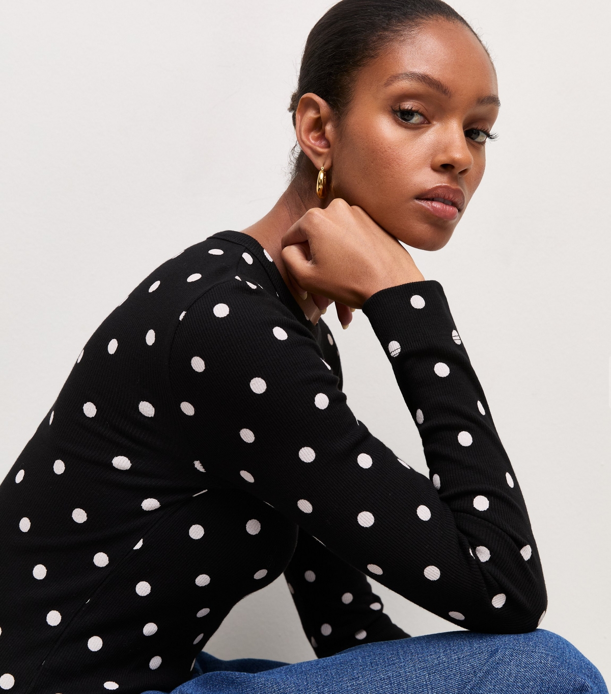 Women's Black Cotton Rich Ribbed Polka Dot Long Sleeve Top New Look