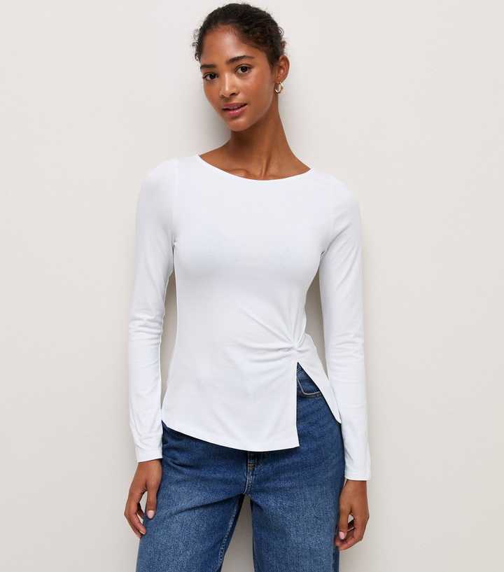 White Cotton Rich Side Knot Long Sleeve Top