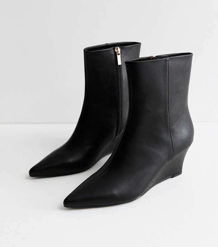 Black Faux Leather Wedge Ankle Boots