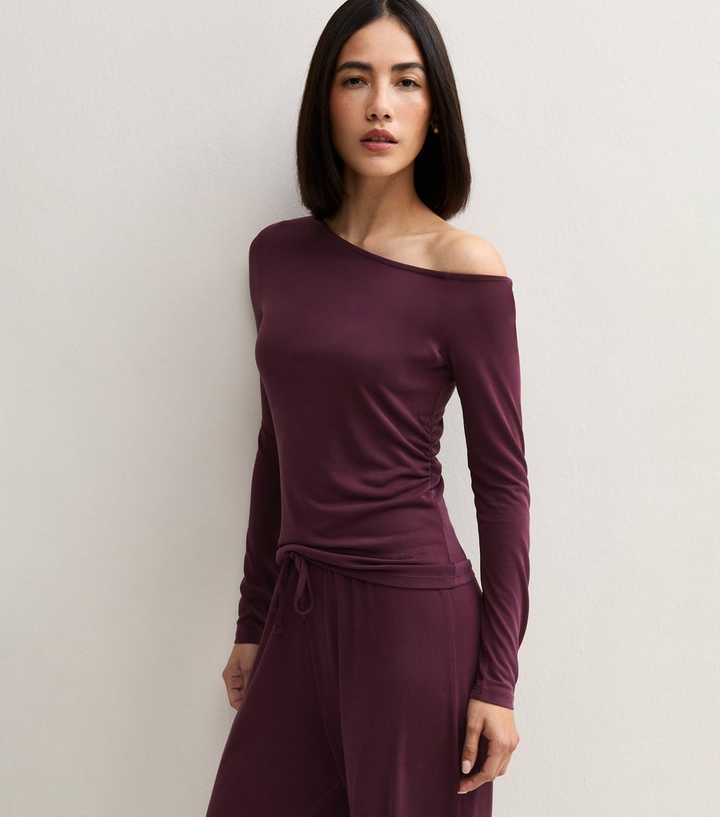 Dark Burgundy Ruched Off the Shoulder Long Sleeve Top