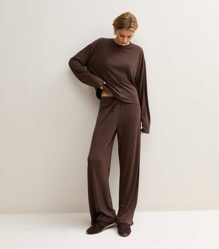 Dark Brown Drawstring Wide Leg Trousers