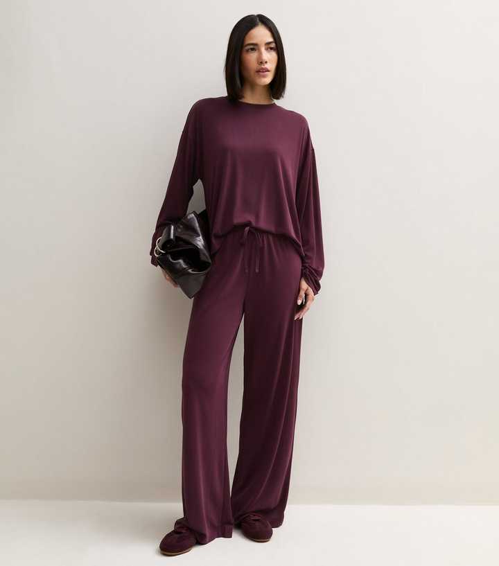 Dark Burgundy Drawstring Wide Leg Trousers