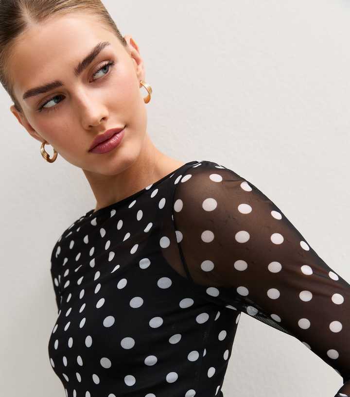Black Mesh Polka Dot Long Sleeve Top