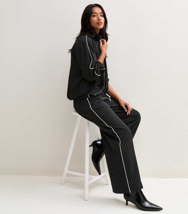 Petite Black Pinstripe Wide Leg Trousers