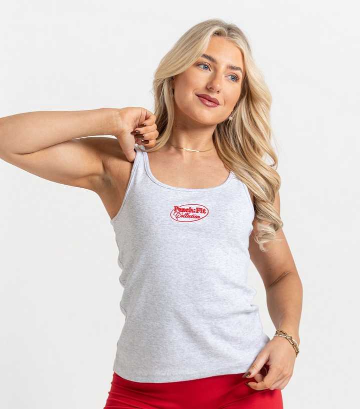 Peach:Fit Grey Marl Ribbed Logo Laelia Tank Top