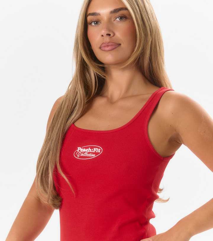 Peach:Fit Bright Red Ribbed Logo Laelia Tank Top