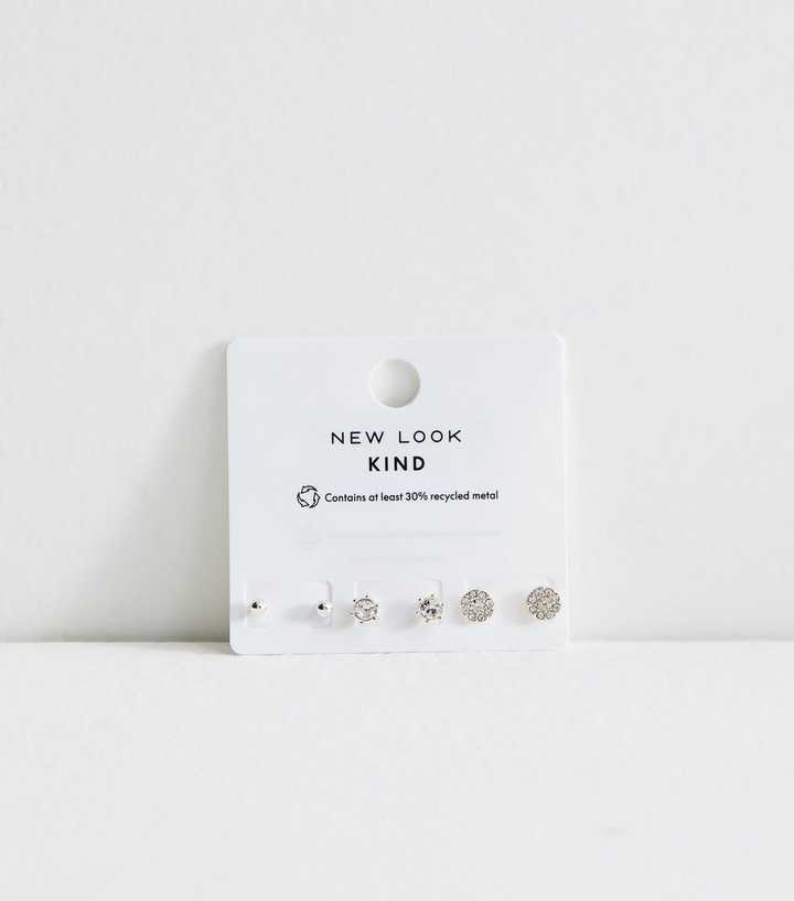 Pack of 3 Silver-Tone Diamante Stud Earrings