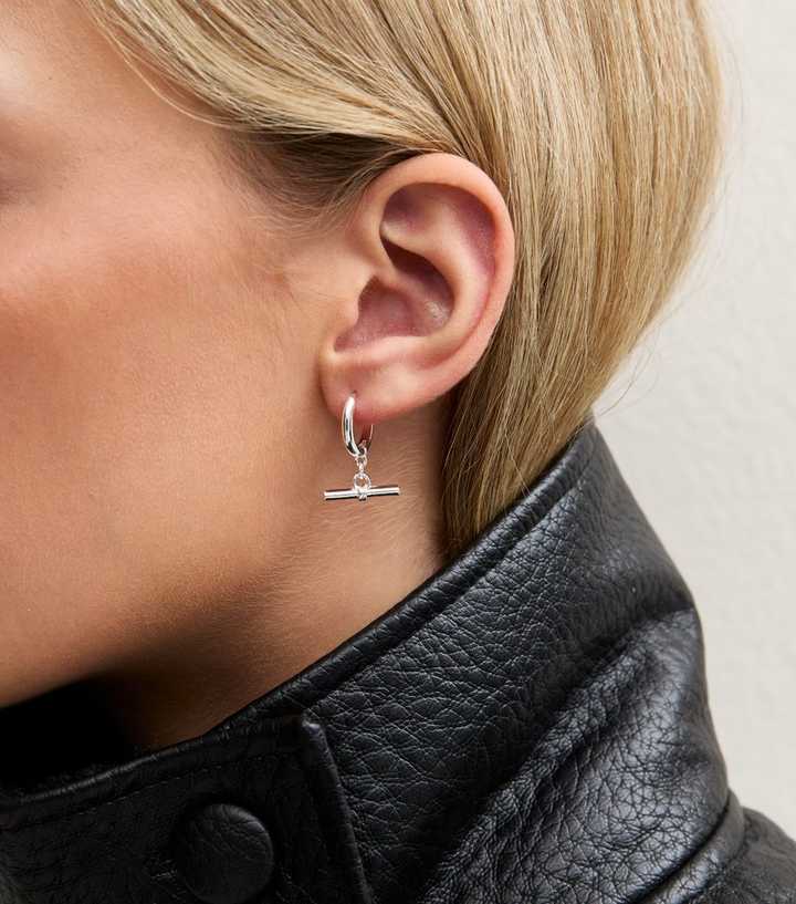 Silver-Tone Mini Hoop T-Bar Earrings