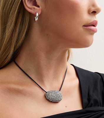 Silver Tone Diamante Dome Pendant Cord Necklace
