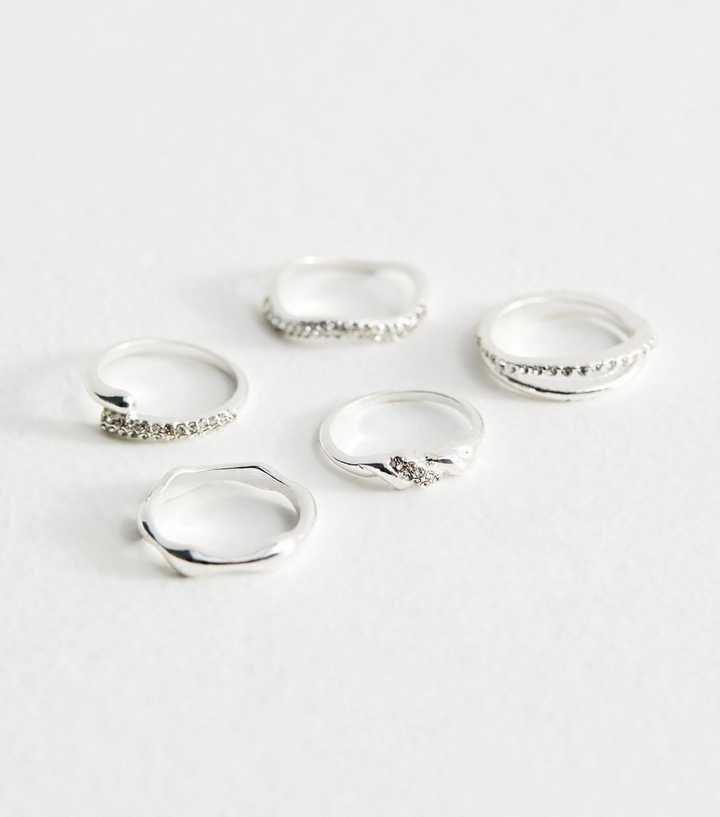 Pack Of 5 Silver Tone Diamante Embellished Ring Stack