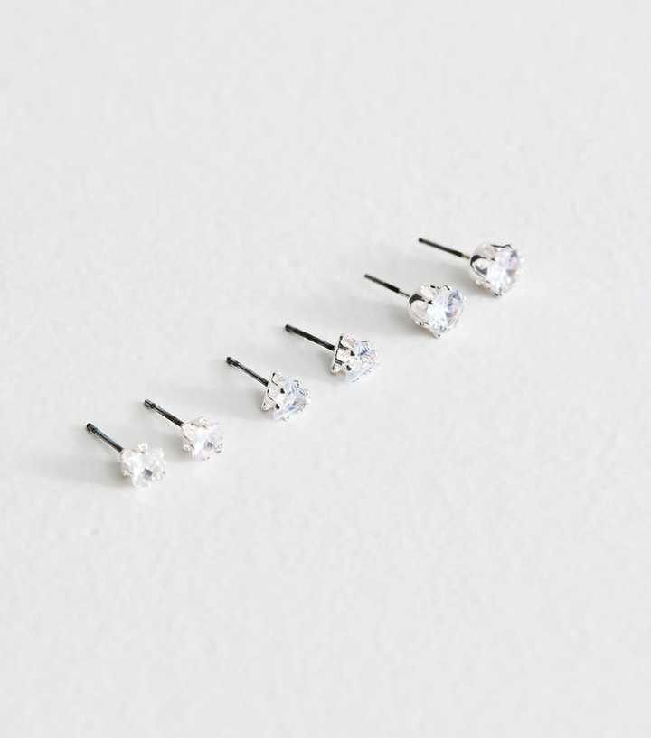 Pack Of 3 Silver Tone Diamante Gem Mixed Stud Earrings
