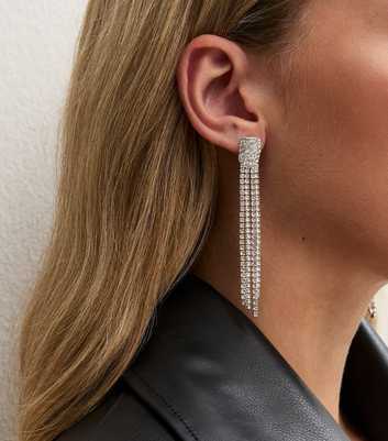 Silver Tone Diamante Long Tassel Square Stud Drop Earrings
