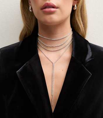 Silver Tone Diamante Long Lariat Necklace