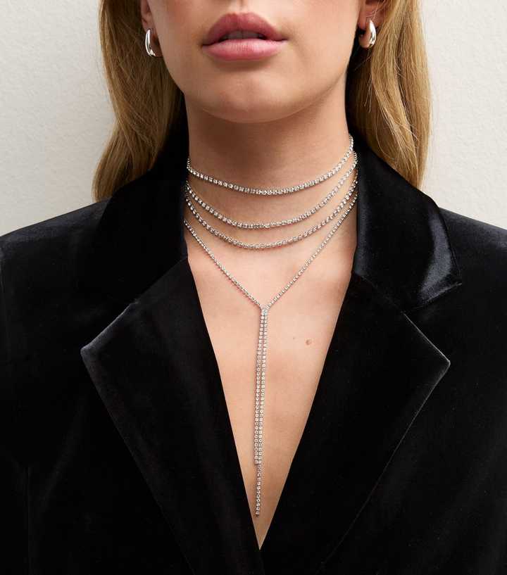 Silver Tone Diamante Long Lariat Necklace