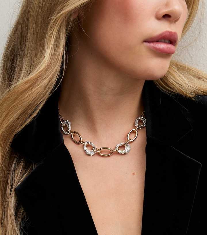 Gold Tone Chunky Diamante Chain Link Necklace