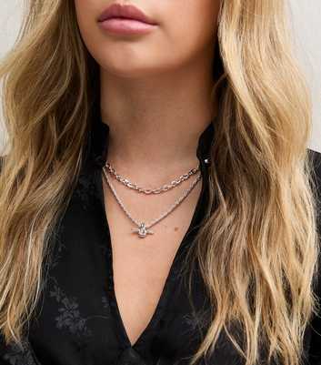 Silver Tone Two Layer Chain T Bar Pendant Necklace