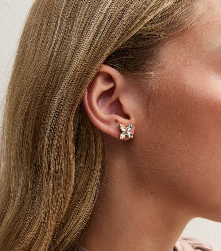 Gold-Tone Diamante Gem Flower Shape Earrings
