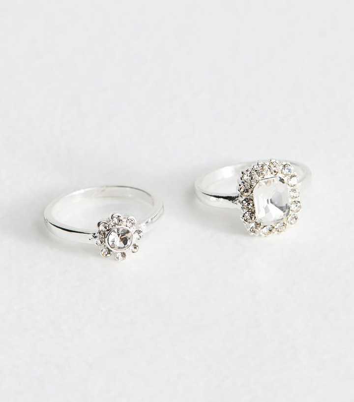 Pack of 2 Silver Tone Diamante Gem Rings