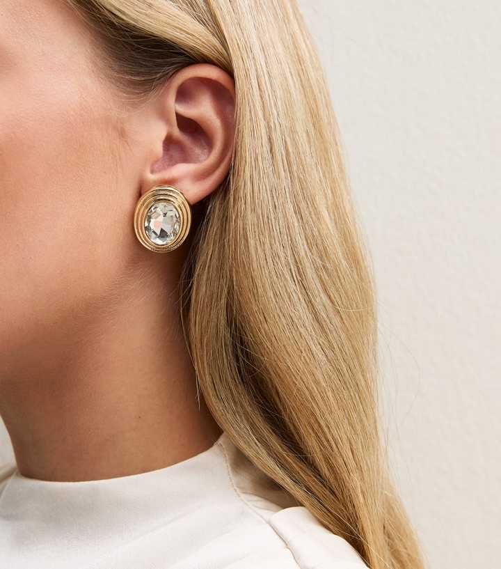 Gold-Tone Oval Diamante Gem Earrings