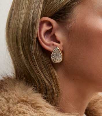 Gold Tone Diamante Teardrop Stud Earrings