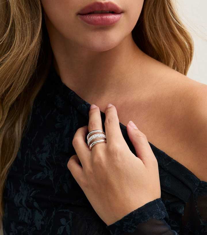 Silver Tone Multi Row Diamante Chunky Ring